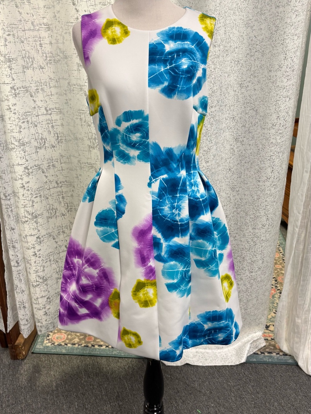 Calvin Klein White Dress with Blue, Purple and Yellow Floral Print